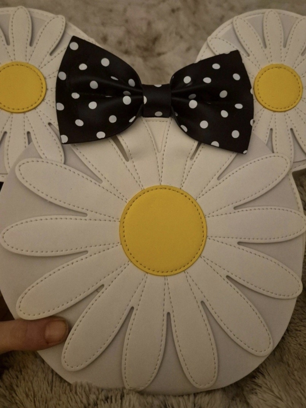 Loungefly White Daisy Crossbody Bag with Yellow Centers and Black Polka Dot Bow